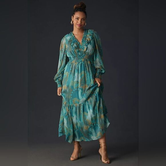 Anthropologie Odetta Ruffle V-Neck Midi Dress In Turquoise Size Extra Small NWT - Picture 3 of 8